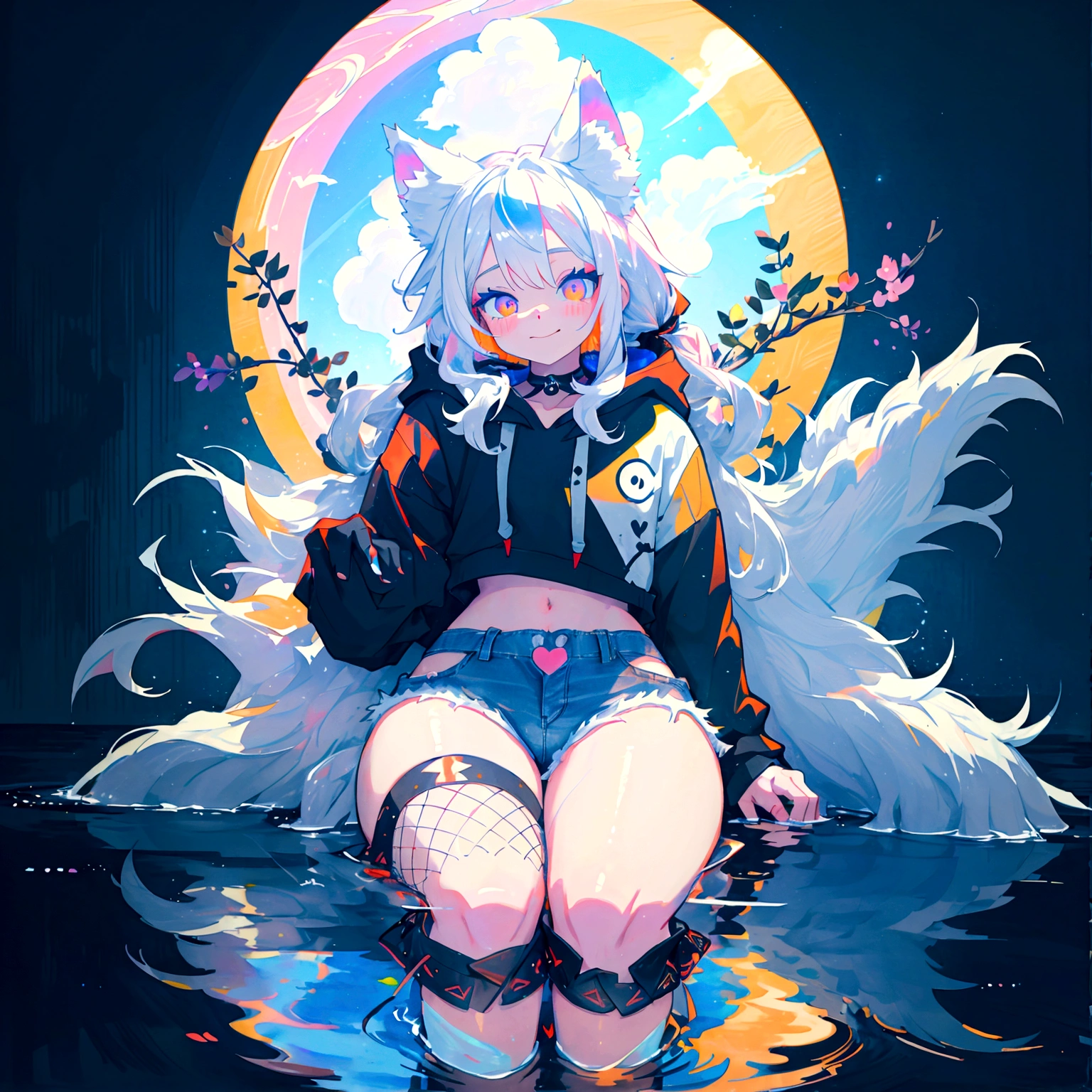 a cute adult male with wolf ears, long white hair, long locks, has a wolf tail, wearing a loose cropped black hoodie, wearing a pair of denim short shorts and fishnet stockings, thick thighs, wide hips, relaxing on mound of fluffy multi colored kawaii plushies, short, very slim, showing slender tummy, heart on hoodie, squishy thighs, has glowing blue eyes. alone, solo (ALONE)(SOLO), surrounded by rainbows, colorful galaxy backround, smiling, stretching out, water reflection