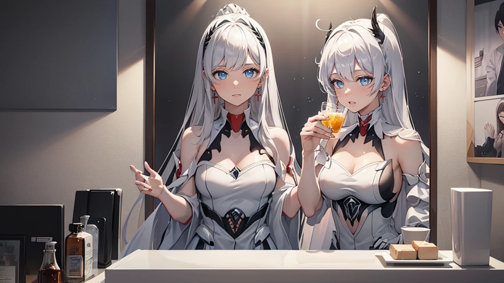 2 girls, selfie in mirror, cute, gray haired long color, purple long hair, hyper detailed, photorealistic, 8k, intricate, delicate skin, gorgeous, elegant, beautiful eyes, long eyelashes, small nose, detailed lips, dynamic pose, soft lighting, warm colors, ambient occlusion, cinematic composition, dslr, professional photography