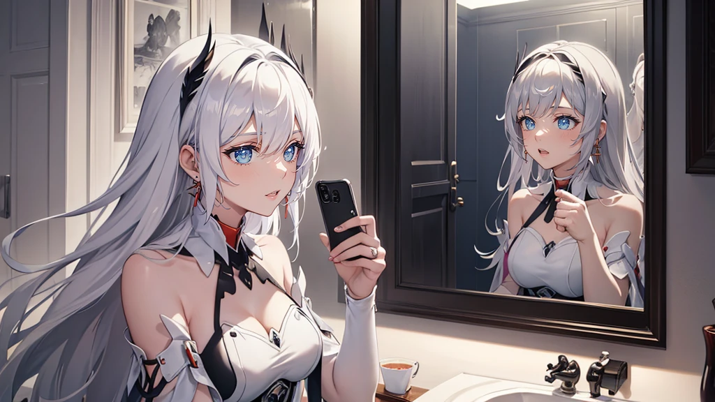 2 girls, selfie in mirror, cute, gray haired long color, purple long hair, hyper detailed, photorealistic, 8k, intricate, delicate skin, gorgeous, elegant, beautiful eyes, long eyelashes, small nose, detailed lips, dynamic pose, soft lighting, warm colors, ambient occlusion, cinematic composition, dslr, professional photography