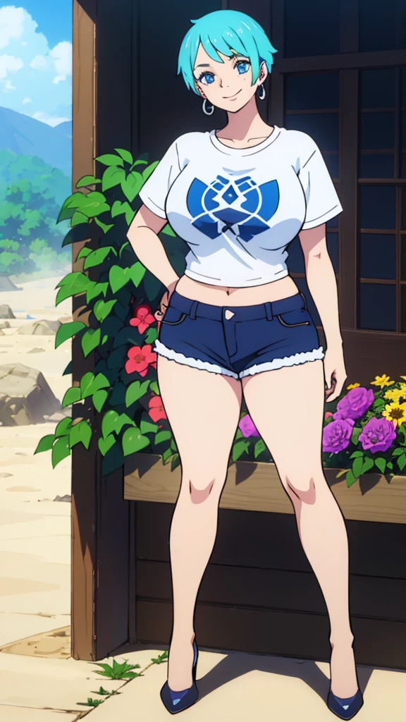 Girl, blue hair, blue eyes, short hair, flowers earrings, freckles, big boobs ,white t shirt, mini shorts, white high heels, thicc, standing smiling.