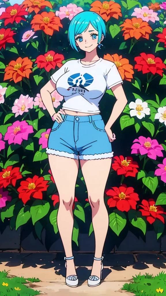 Girl, blue hair, blue eyes, short hair, flowers earrings, freckles, big boobs ,white t shirt, mini shorts, white high heels, thicc, standing smiling.