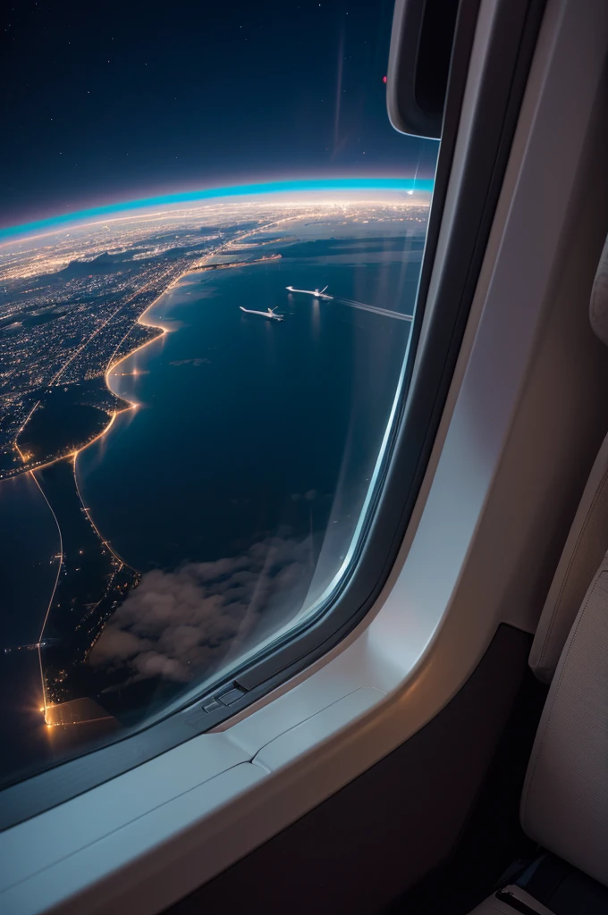 Photo of plane flight at night, seat near the window