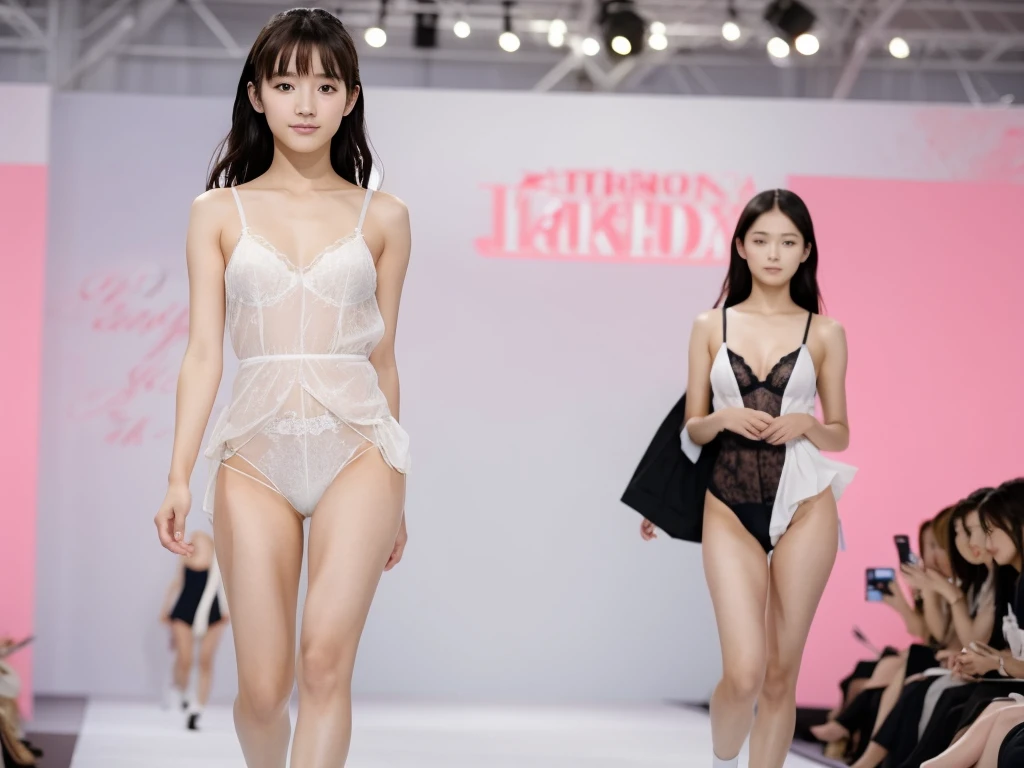 A live-action photo of an extremely beautiful Japanese high school girl race queen who highlights her beautiful legs、She was photographed walking down the runway at a fashion show wearing Gooseberry Lingerie's new underwear.、She is an eternal idol who combines a clean look with modern charm.。 She creates such beauty。 She feels her own warmth。 She creates a warm atmosphere。 We create beauty。 That's what I want to say。 In her full body photo、The figure features porcelain-like skin and golden hair that radiates a soft glow.。 This is probably、It captured the essence of her timeless charm.、This is the best shot ever.。 Each straight line and curve is carefully expressed.、Breathtakingly beautiful with impeccable detail。 This piece perfectly captures her timeless beauty.。 Divine Proportions、Sharp focus、Full-body photo taken by Kishin Shinoyama、high quality、High resolution、Detailed Background