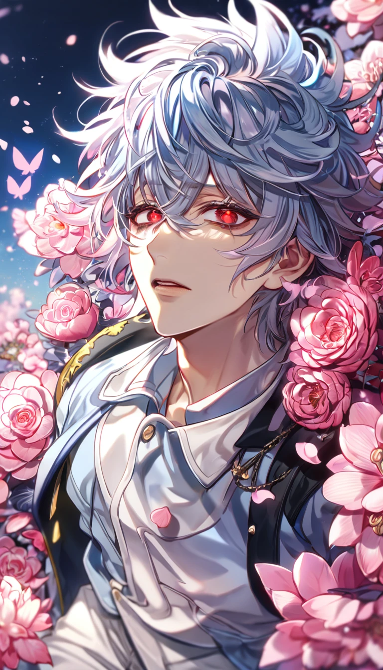 absurdres, highres, ultra detailed, HDR, master piece, best quality, Kuro, expressive red eyes, messy hair, light-blue hair, black bags under the eyes, Servamp, solo, sexy man, handsome, light blue jacket, white pants, fantasy, shining, pink flowers, pink blossoms, pink butterflies, pink petals