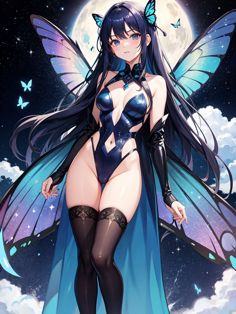 Woman with dark blue hair, butterfly wings, galaxy rainbow, leotard