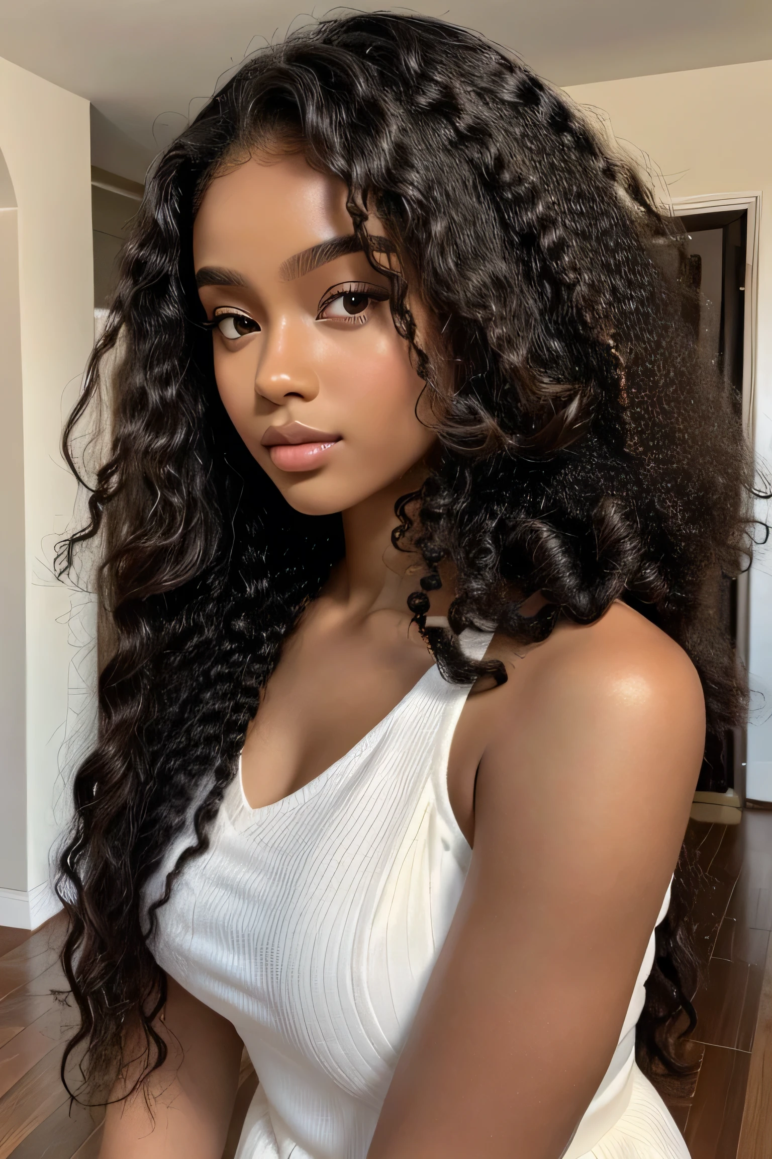 masterpiece, best quality, 1 girl, solo, beautiful African and Asian mixed 19 year old, brown skin female, long, frizzy, curly dark hair, perfect face, long hair