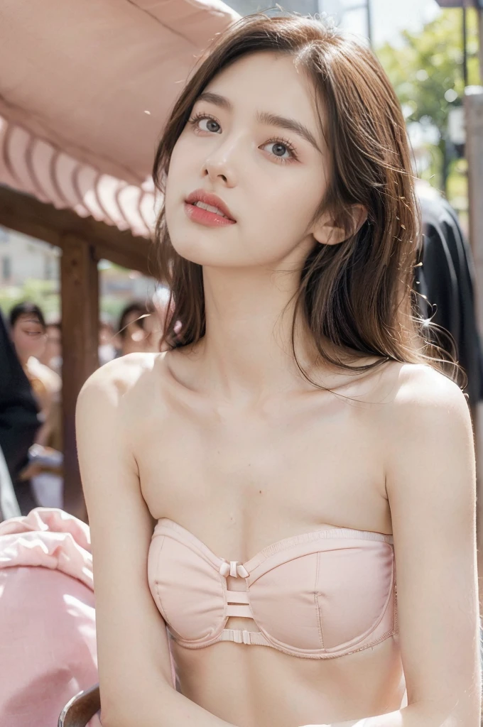 (Extremely meticulous CG),(((8k))),wallpaper,((Extremely refined and beautiful)),(((Masterpiece))),(((best qualtiy))),(((Ultra High Resolution))),realistic shaded,(Smooth and flawless fair skin:1.5),(Extremely exquisite facial details:1.2),(ultra-detailed:1.5),((a beautiful girl,solo)),(shoulder length straight hair:1.3),(small head:1.2),(slender face:1.2),(Exquisite makeup:1.3),(happy:1.2),(laughing:1.2),(perfect body:1.2),(strapless pink bra:1.5),(small breasts:1.3),(flat chest:1.2),((slim,thin)),(from front:1.3),(at the schoolgate:1.5),(urban landscape:1.3),(outdoor:1.3),(summer:1.3),(day scene:1.3),(afternoon sunshine:1.3),(close-up of face:1.3),(surrounded by crowded crowds:1.5)