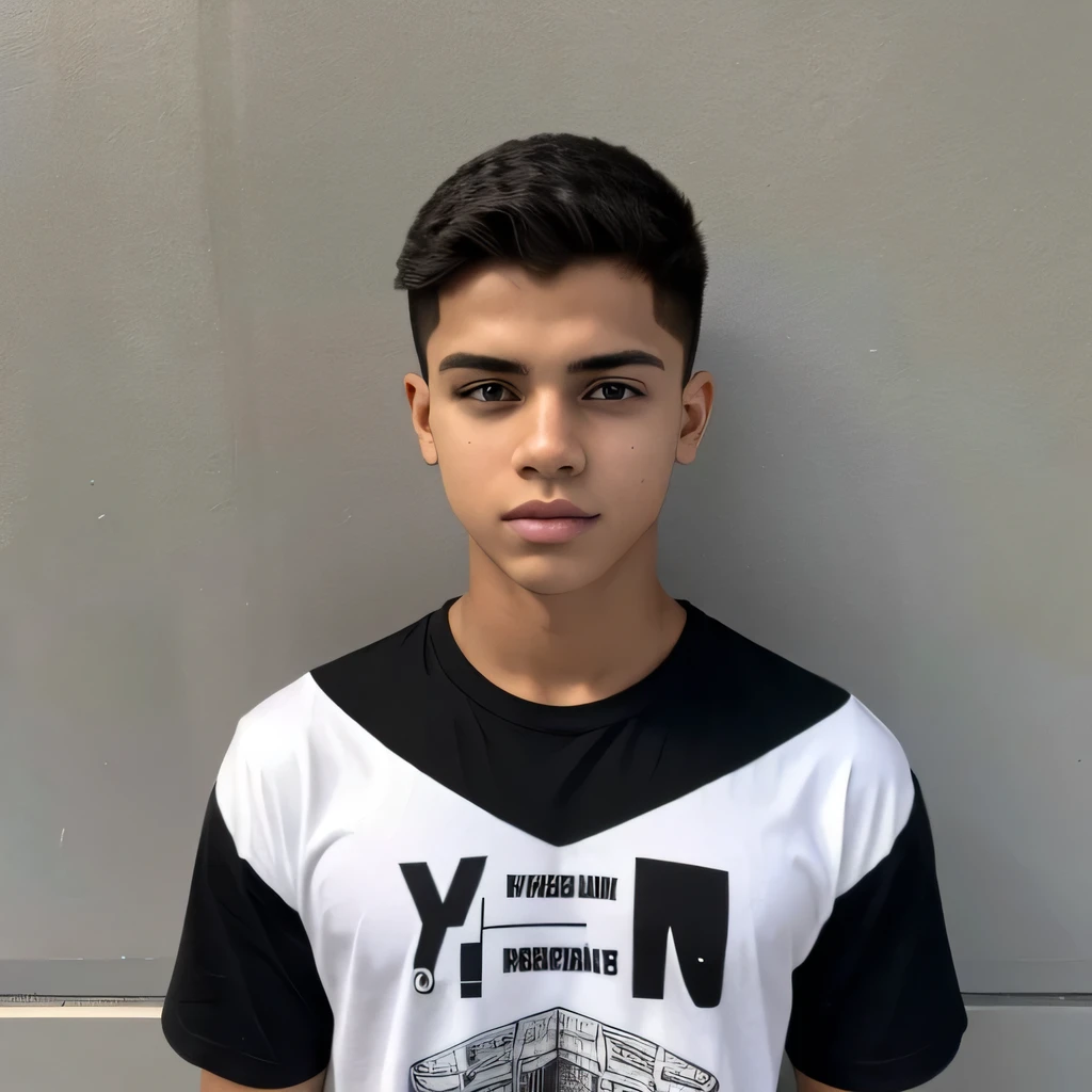16 year old Brazilian boy, he has short black hair , Your skin is white , He is wearing a black shirt with no business print..