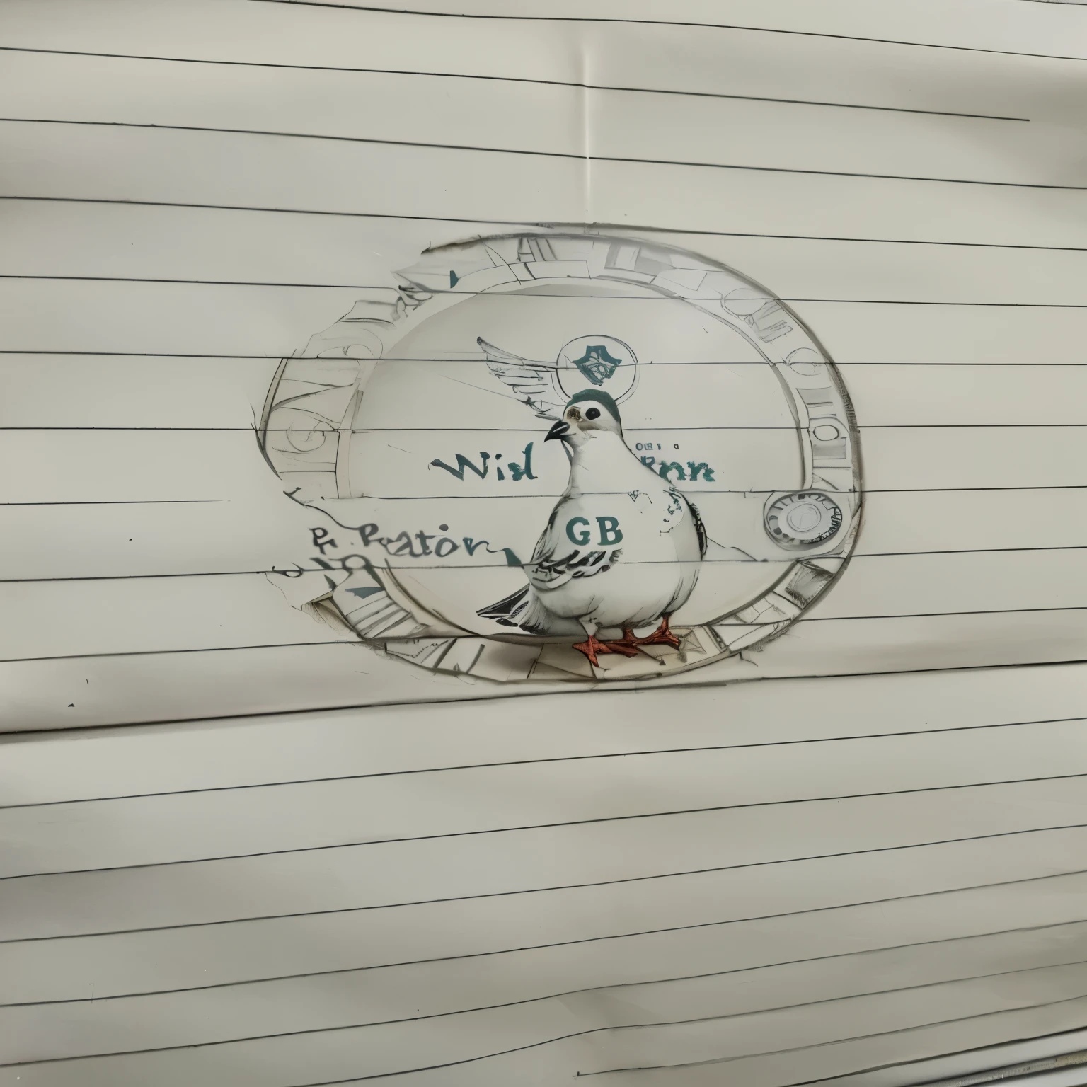 there is a drawing of a pigeon in the circular window with the phrase GBCast, drawn on paper manteiga branco, drawn on paper, Classroom doodle and pigeon with graduation hat, holding a straw of a diploma, the pigeon has black spots on its body, pencil scribble, on old paper, drawing on parchment, from books, on a notebook page, old sketch, faded drawing
