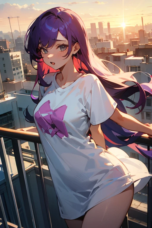 sexy 20 year old woman with long purple hair, is only wearing a shirt (T-shirt) vermelha, big it even looks like a dress, she is not wearing any underwear.  on the balcony watching the sunrise