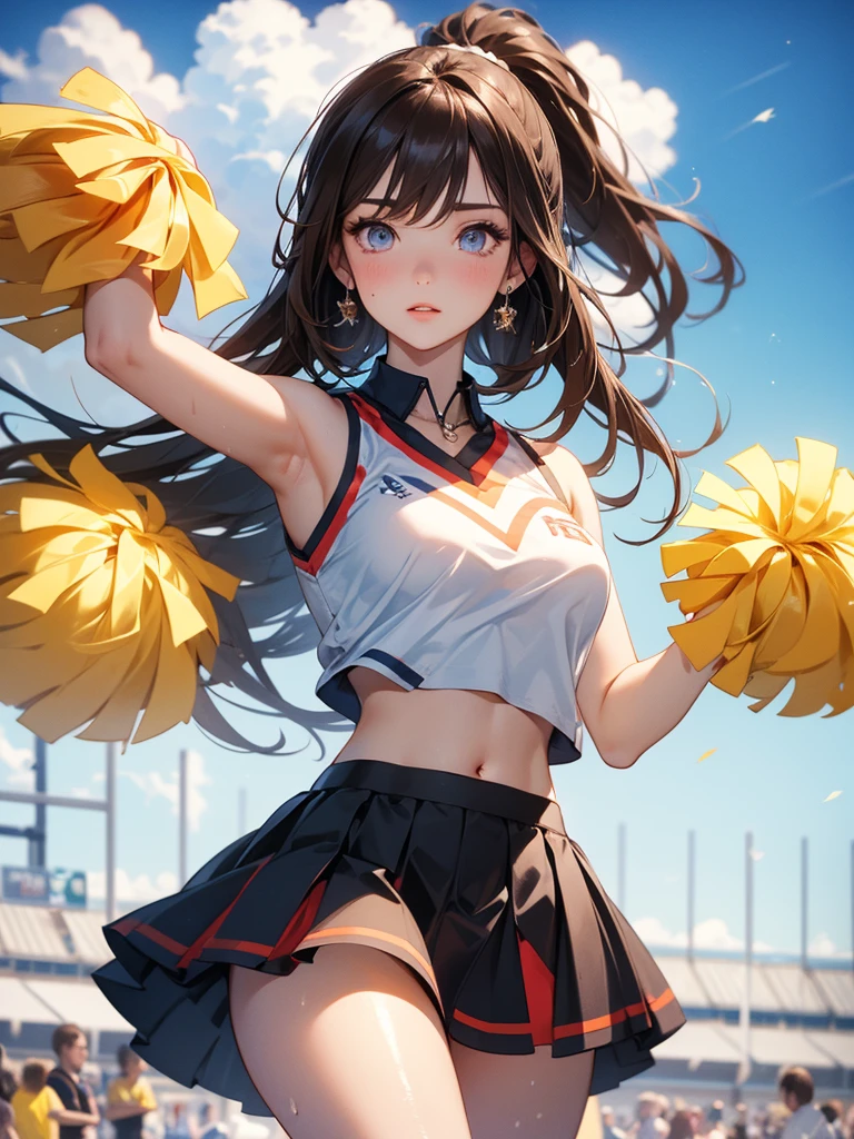 Masterpiece, best quality, detailed eyes face and clothes, 1girl, cheerleader, sweaty, thick thighs, skirt, brown hair, white girl, midriff