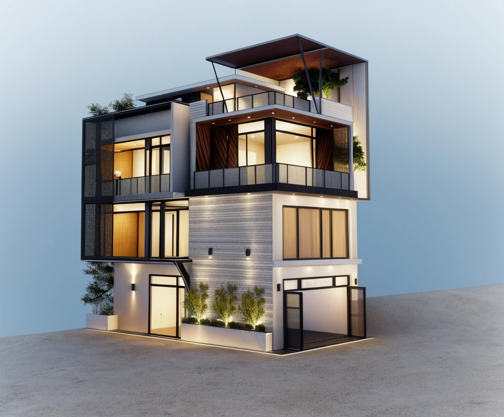 Exterior, morden house , (RAW photo, real, best quality, masterpiece:1.2), look morden minimalist, 1 road in front of the house, shime ring light, light brighteness from indoor:1.2, dynamic lighting:1.3, (hyper realistic, photo-realistic:1.2)