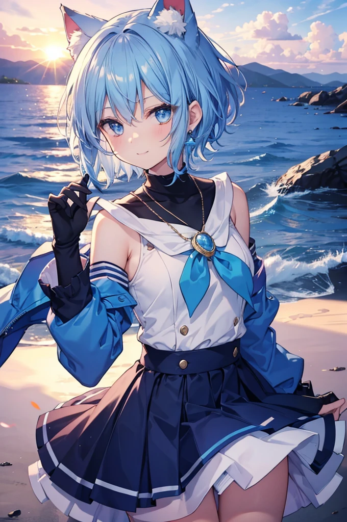 Blue Hair blue eyes short hair Have student Cat ear nice Blue Earrings necklace gloves beauty thin Sailor suit Fantasy smile sunset Fluffy hair