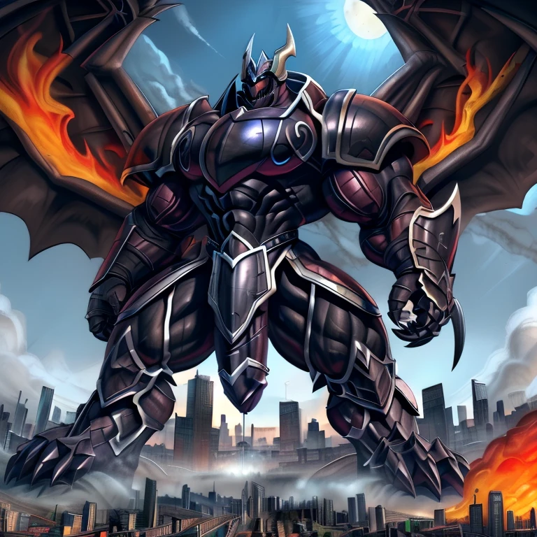 (masterpiece. official art. 8k. best quality. detailed full body. full body.)

(situation 1 : dominating demon lord dragon batzz. demon lord dragon batzz is over 1000 meters long. focus GIANT mechanical Muscular demon lord dragon batzz is trampling the city. Looking down. macro. stomp. Low-angle perspective. emphasizing the immense size.)

(situation 2 :smoke and flames rising from the destruction in the city)

(Additional details 1: wearing a full-face helmet. He wears a black cloak on his back.).

(Additional details 2: (Detailed head. Detailed Body. Detailed abs. gigantic muscles. HYPER MUSCLES. Gigachad Muscular. big muscle. pecs. triceps. traps. unusually developed muscular body. body full of huge muscles. showing off muscles. pectorales enormes. Exaggeratedly huge muscles. huge muscles. long legs.).

(Additional details 3: Spread wings. It has wings. have big wings. black wings. The claws are sharp. Sharp teeth.5 toes).

(Additional details 4: black color hyper penis. hyper black penis. big penis)