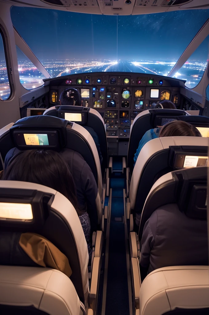 Photo of plane flight at night, seat near the window, realisitic