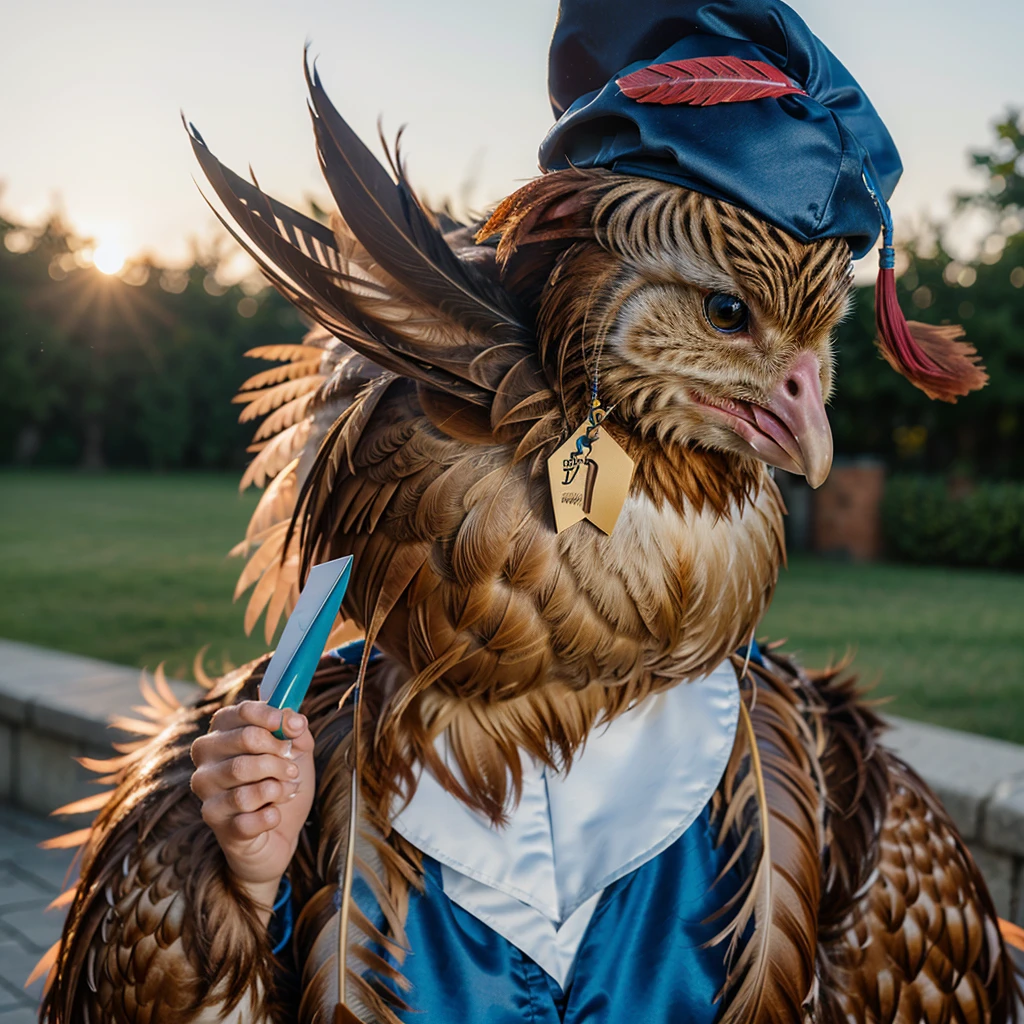 An ultra-realistic 4K image of a funny hen wearing a graduation cap and holding a diploma, showcasing detailed feathers and cap.