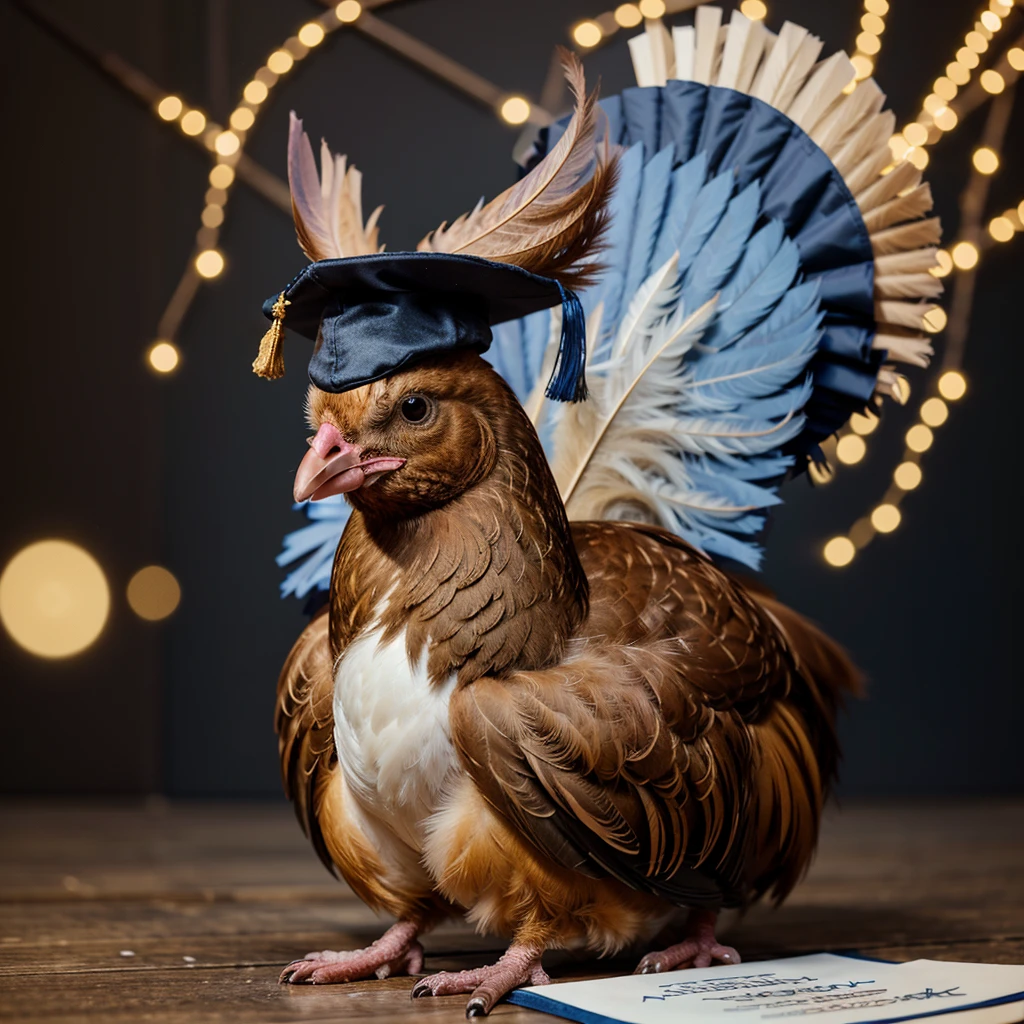 An ultra-realistic 4K image of a funny hen wearing a graduation cap and holding a diploma, showcasing detailed feathers and cap.