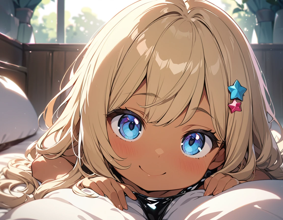 (masterpiece, best quality, high resolution), (kawaii, very big eyes, small face), blond hair, (star) hair ornament, extremely detailed CG unity 8k wallpaper, perfect lighting, extremely detailed, ultra-detailed, illustration, anime, perfect eyes, detailed eyes, perfect face, close-up, face, soft lighting, 1girl, 6yo, chubby, otl, tan, latex oily black slingshot swimsuit, low twin tail hair, lying, smile, black hair, open her legs, bedroom, on the bed, looking at viewer