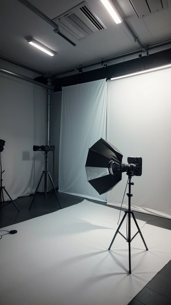 I want a minimalist photo that presents a complete photo studio, with a variety of equipment such as DSLR or mirrorless cameras, portrait lens, tripod, studio lighting, reflectors, diffusers, white photographic background,