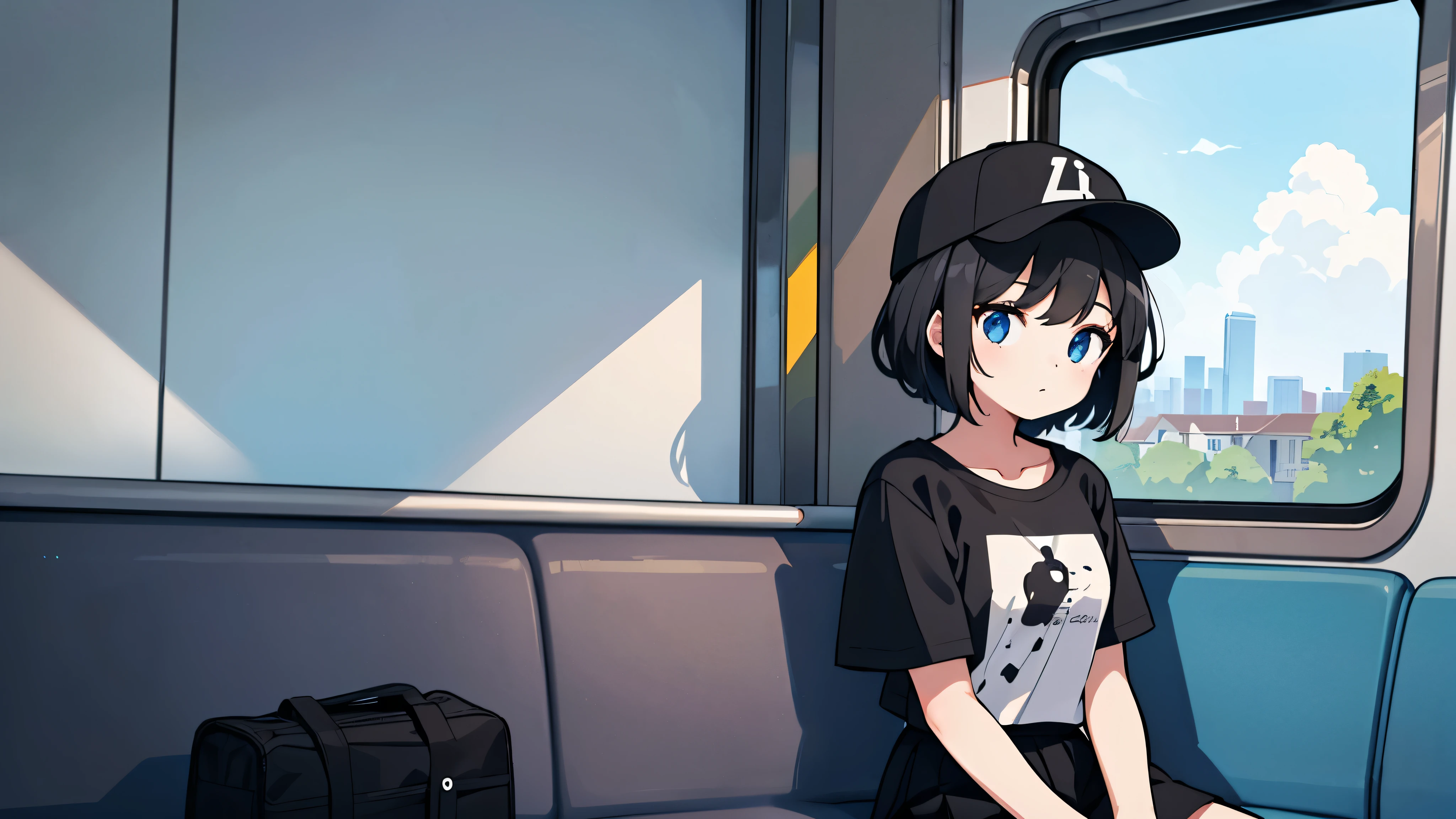 1girl, solo, blue eyes, (detailed eyes), flat chest, short hair, black hair, baseball cap, white cap, ((white t-shirt)), simple t-shirt, black skirt, black socks, upper body, ((masterpiece, illustration, best quality)) sitting by the train window viewing the city and the sky