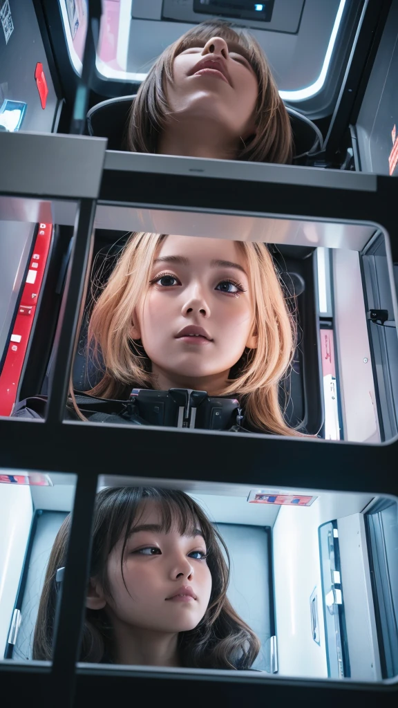 Here is the English translation:
"Trapped inside a capsule.
The inside of the capsule has various switches and buttons.
A capsule that looks like a futuristic life support device.
There is a girl inside the capsule.
The girl is looking up.
I am looking down at the girl."