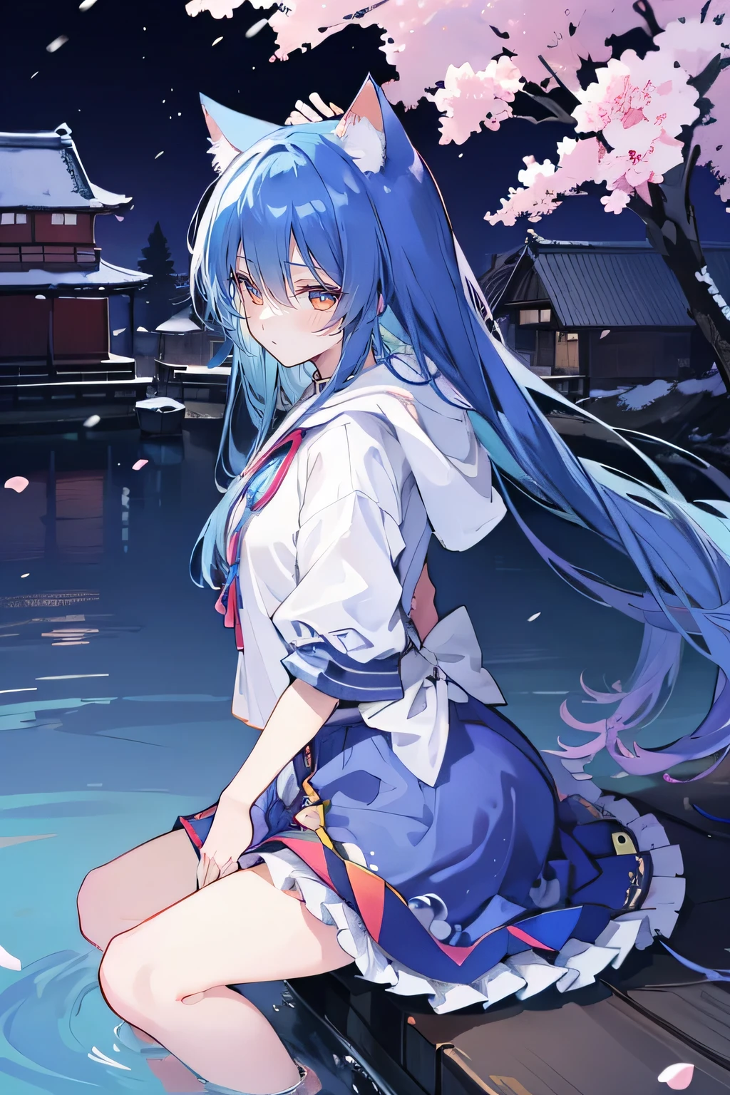 (masterpiece:1.2),Super detailed,lifelike,Expressive eyes,fair skin,perfect face shape,1 girl,
Japanese comics,Gorgeous blue hair,flowing blue hair,flowing clothes,Cat ears,Petals fall,beautiful lola,Baby Angel,
Shaking head with one hand,Cross your legs,Gentle and peaceful background,The pavilion is cool and comfortable,smile, wearing hoodie, background of tokyo,back views,snowing, winter,lie on the water.