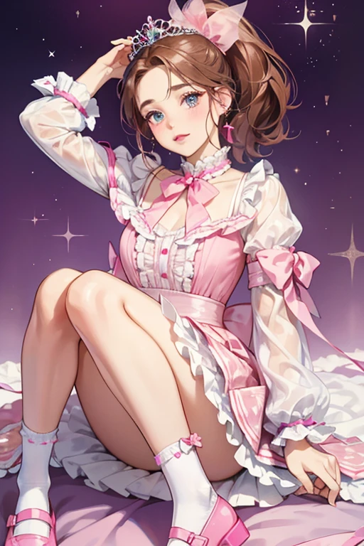 Fancy has fair skin and pale pink lipstick and cheeks. Her eyes are baby blue and she has brunette hair pulled up in a short ponytail. Her hair is glittery and she wears a large pink bow in place of the tiara. Her glittery pink blouse and her skirt is fuchsia with a hot pink bow, both parts accent in white frills. She wears white shoes with a bow on the toe and fuchsia sole. She pairs this with pink frilly socks. SPARKLE; GLITTER