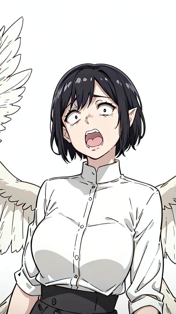 1woman,30s,mature female,milf,screaming,wild,short hair,black hair,pointy ears,harpy,wings,no arms,(white background,line drawing),upper body,scared expression,open mouth,clenched teeth,rural outfit