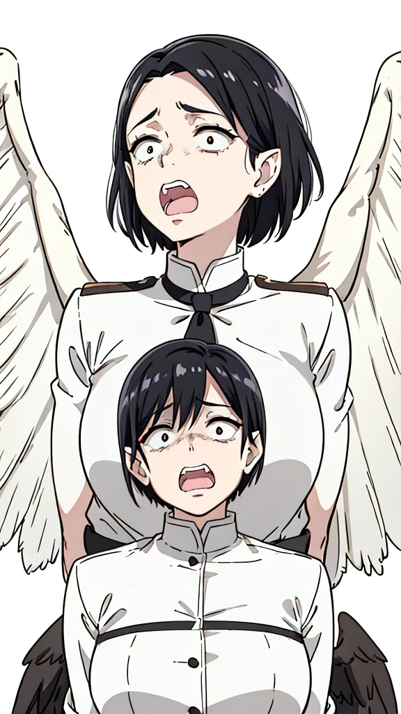 1woman,30s,mature female,milf,screaming,wild,short hair,black hair,pointy ears,harpy,wings,no arms,(white background,line drawing),upper body,scared expression,open mouth,clenched teeth,rural outfit