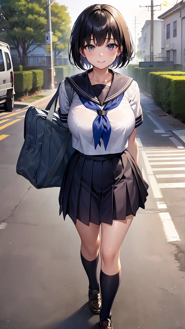 (morning, crossing, neighborhood, schoolway :1.4), high resolution, extremely detailed CG, unity 8k wallpaper, super detailed skin, perfect anatomy, detailed, cinematic lighting, dynamic lighting, beautiful eyes, black short hair, closed eye, (smile:1.2)、(looking at viewer:1.8), (huge breasts:1)、 (sailor uniform, knee high socks, school shoes, school bag), (gleaming skin:1.2)、
(arms behind back, walking:1.3),