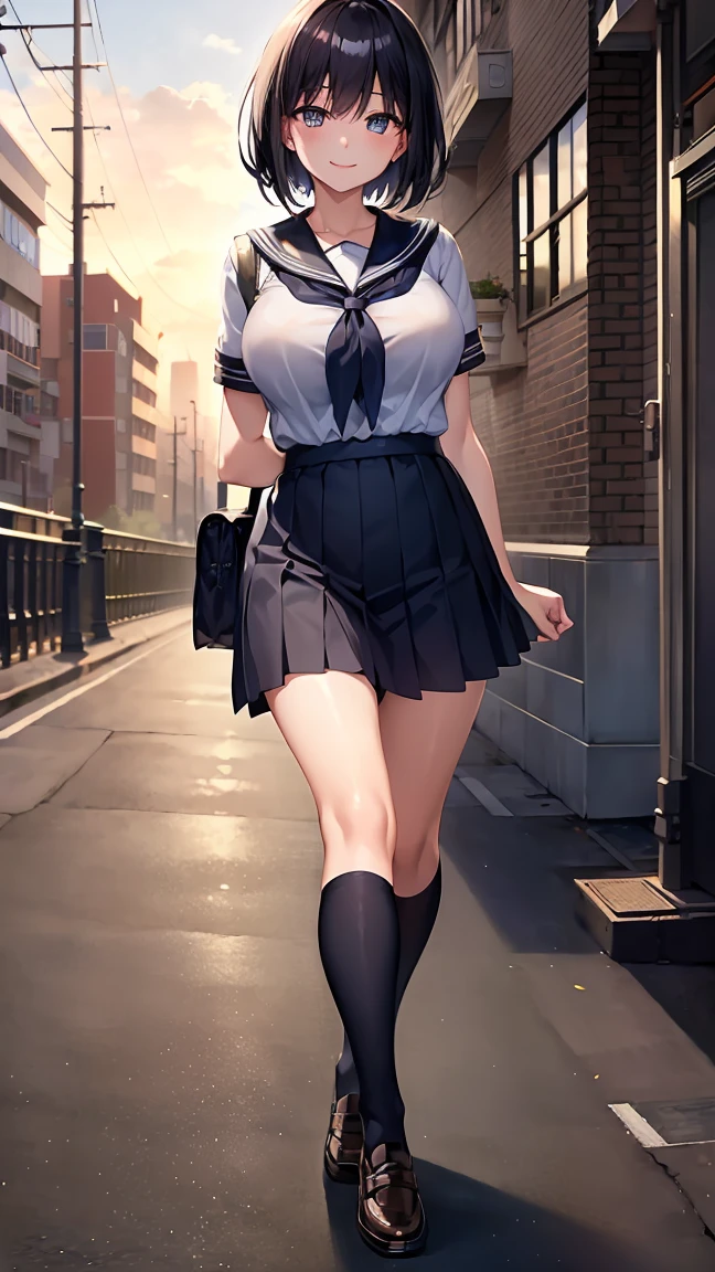 (morning, crossing, neighborhood, schoolway :1.4), high resolution, extremely detailed CG, unity 8k wallpaper, super detailed skin, perfect anatomy, detailed, cinematic lighting, dynamic lighting, beautiful eyes, black short hair, closed eye, (smile:1.2)、(looking at viewer:1.8), (huge breasts:1)、 (sailor uniform, knee high socks, school shoes, school bag), (gleaming skin:1.2)、
(arms behind back, walking:1.3),