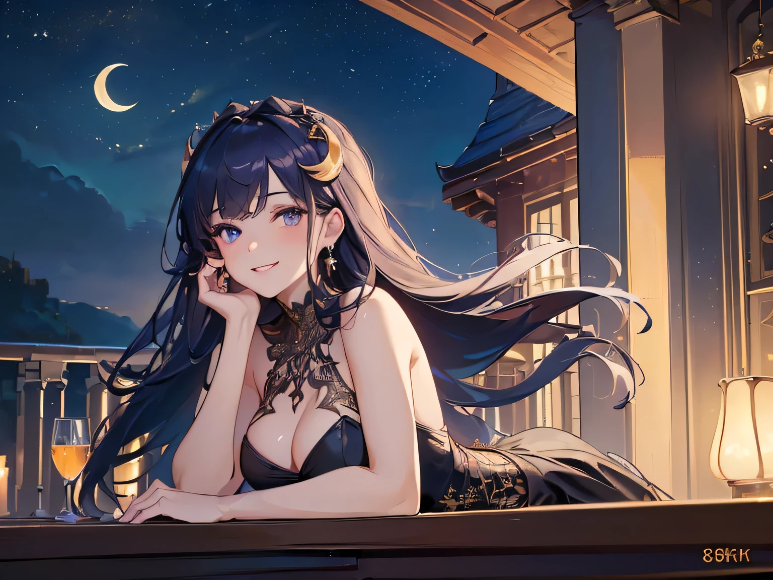 (((Best quality, 8k, Masterpiece: 1.3)), ((best quality)), ((masterpiece)), (detailed), perfect face, Beautiful woman posing on balcony, evening party, party, sexy dress, provocative look, smile, Artistic poses, attractive compositions, Night view, night sky, crescent moon, jewelry, crescent hair ornament, hair behind ear, crystal hair, floating hair