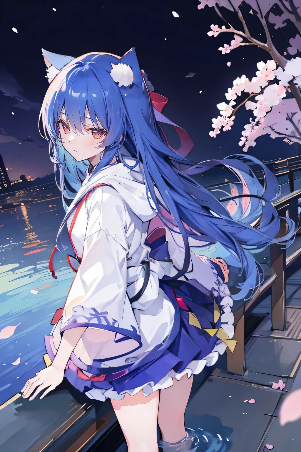 （masterpiece：1.2），Super detailed，lifelike，Expressive eyes，fair skin，perfect face shape，1 girl，
Japanese comics,Gorgeous blue hair,flowing blue hair,flowing clothes,Cat ears,Petals fall,beautiful lola,Baby Angel,
Shaking head with one hand，Cross your legs，Gentle and peaceful background，The pavilion is cool and comfortable,smile, wearing hoodie, background of tokyo,back views,snowing, winter,lie on the water. 