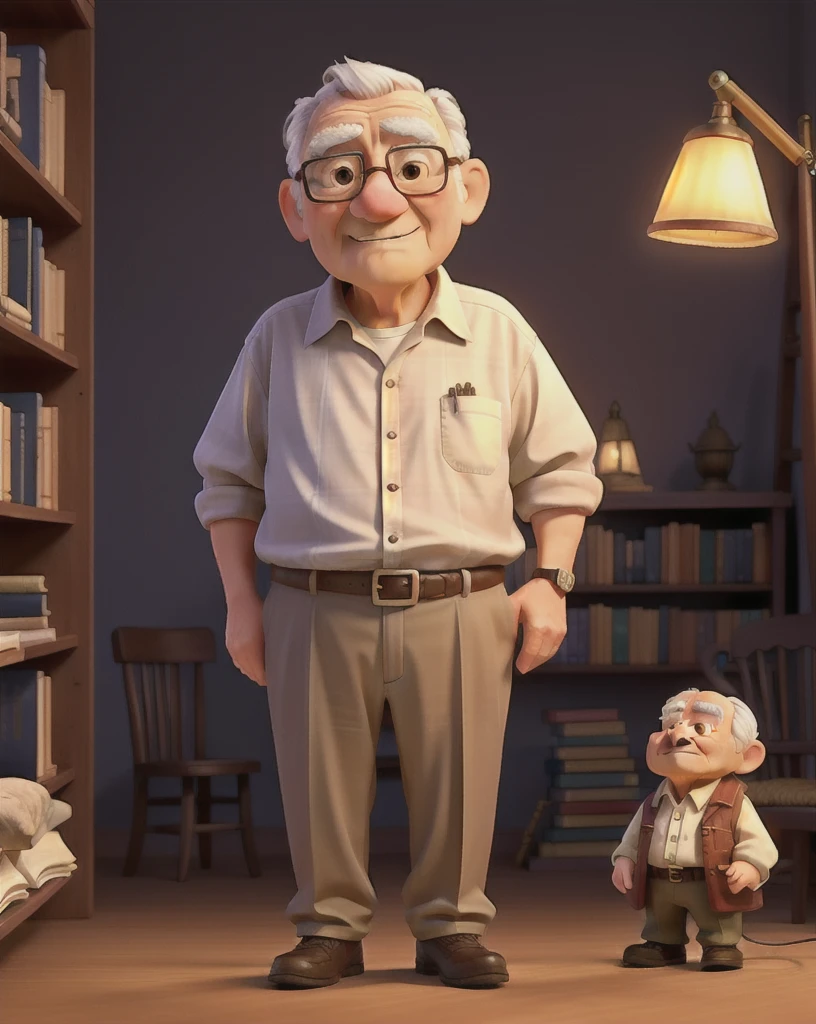 A wise old man standing in front, illuminated by the light of a lamp, against the backdrop of a library
