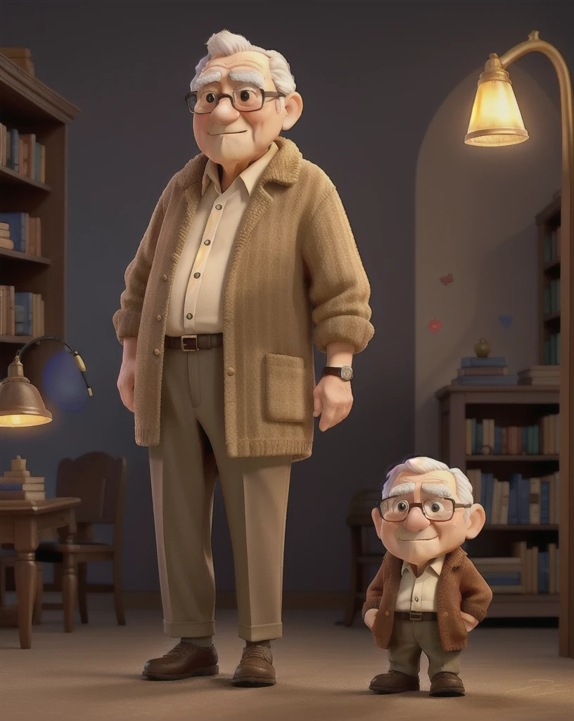 A wise old man standing in front, illuminated by the light of a lamp, against the backdrop of a library