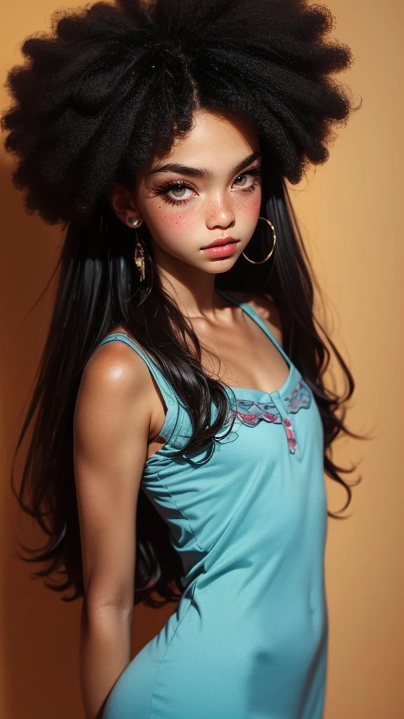 dark brown skin girl,16 years old, huge gorgeous afro hair and big eyes, wearing a yellow dress and Developer, soft expression. semi realistic. flat figure