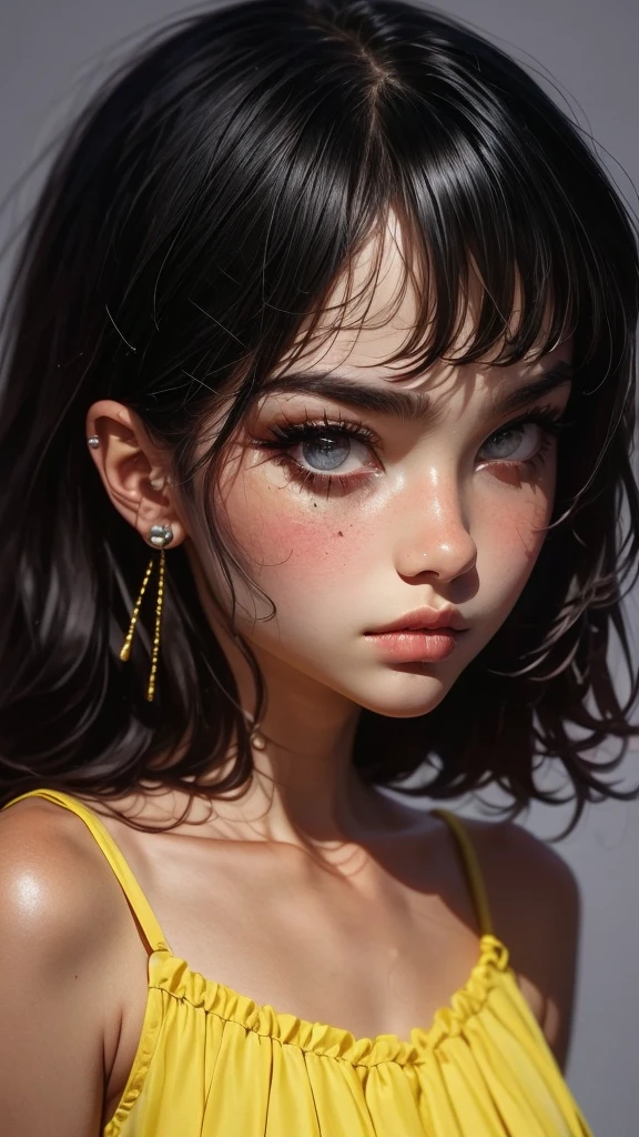 dark brown skin girl,************, huge gorgeous afro hair and big eyes, wearing a yellow dress and Developer, soft expression. semi realistic. flat figure