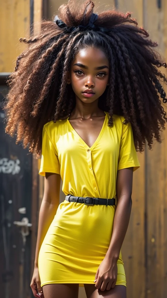 dark brown skin girl,, huge gorgeous afro hair and big eyes, wearing a yellow dress and Developer, soft expression. semi realistic. flat figure