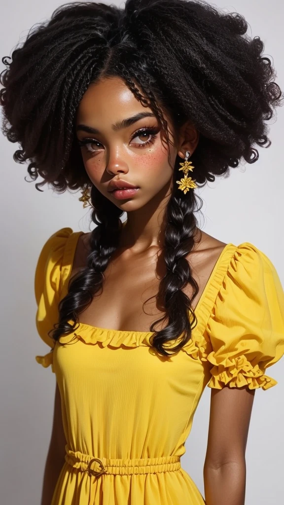 dark brown skin girl,, huge gorgeous afro hair and big eyes, wearing a yellow dress and a yellow, soft expression. semi realistic. flat figure