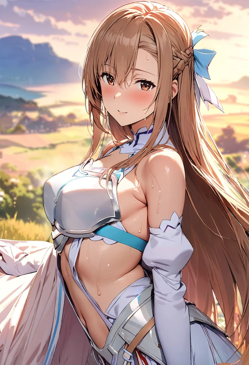 ((masterpiece)), Highest quality, Very detailed,(One Girl),Yuki Asuna、Asuna (stay), brown eyes, bare shoulders, breastplate, armor, detached sleeves, gloves, white gloves, dress, (red and white dress), Long Hair,Beautiful background ,Clothing,  chest, Bent body, Look to the side, Hot body、Sweaty、