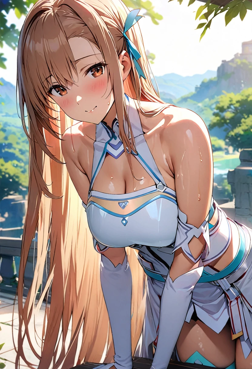 ((masterpiece)), Highest quality, Very detailed,(One Girl),Yuki Asuna、Asuna (stay), brown eyes, bare shoulders, breastplate, armor, detached sleeves, gloves, white gloves, dress, (red and white dress), Long Hair,Beautiful background ,Clothing,  chest, Bent body, Look to the side, Hot body、Sweaty、