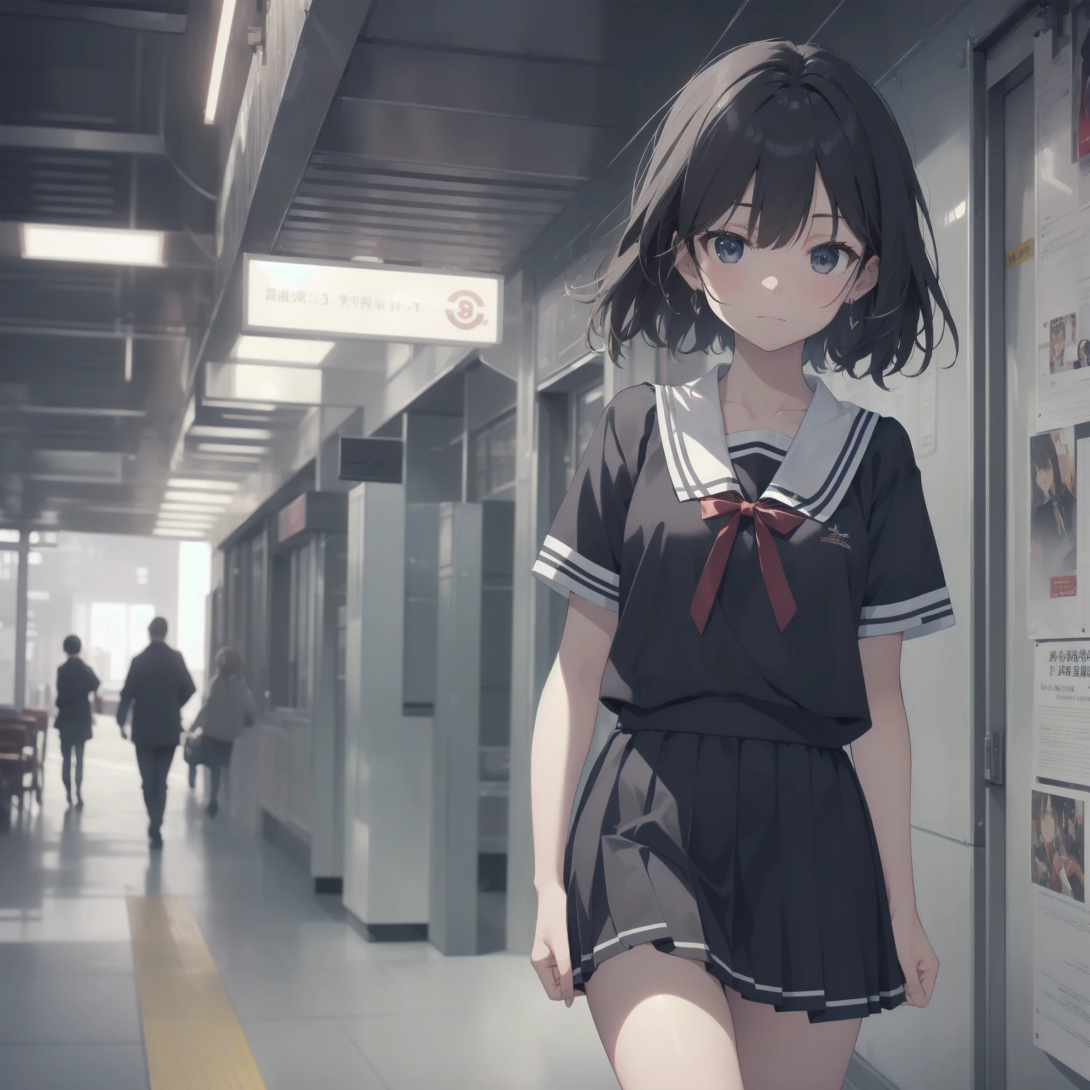 ultra-absurdres-Top quality by artist God, ultra-detailed, high resolution, anime moe artstyle, best anime 8k konachan wallpaper, pixiv contest winner, pool:2810, perfect anatomy,break, 1girl, (Please draw a girl walking sleepily to school alone. )break,(Solo,little female, 13-year-old:1.3),Full limbs, complete fingers,a junior high school student, (very short hair), short cut, flat chest, , small butt, small black eyes, beautiful detailed eyes, well-proportioned iris and pupils, expressive eyes, highres detailed hair, soft expression, salor school_uniform, sailor collar, serahuku, bow, pleated skirt,(Detailed Lighting), (Detailed background), in the School commute route. break,super detailed skin, Best cinematic lighting powered by famous artist, 8k,beauty illustration,photoshop_(medium),very aesthetic,break,((artist:saiguchi_otoufu )), artist:clamp ,artist:carnelian ,artist:kantoku ,