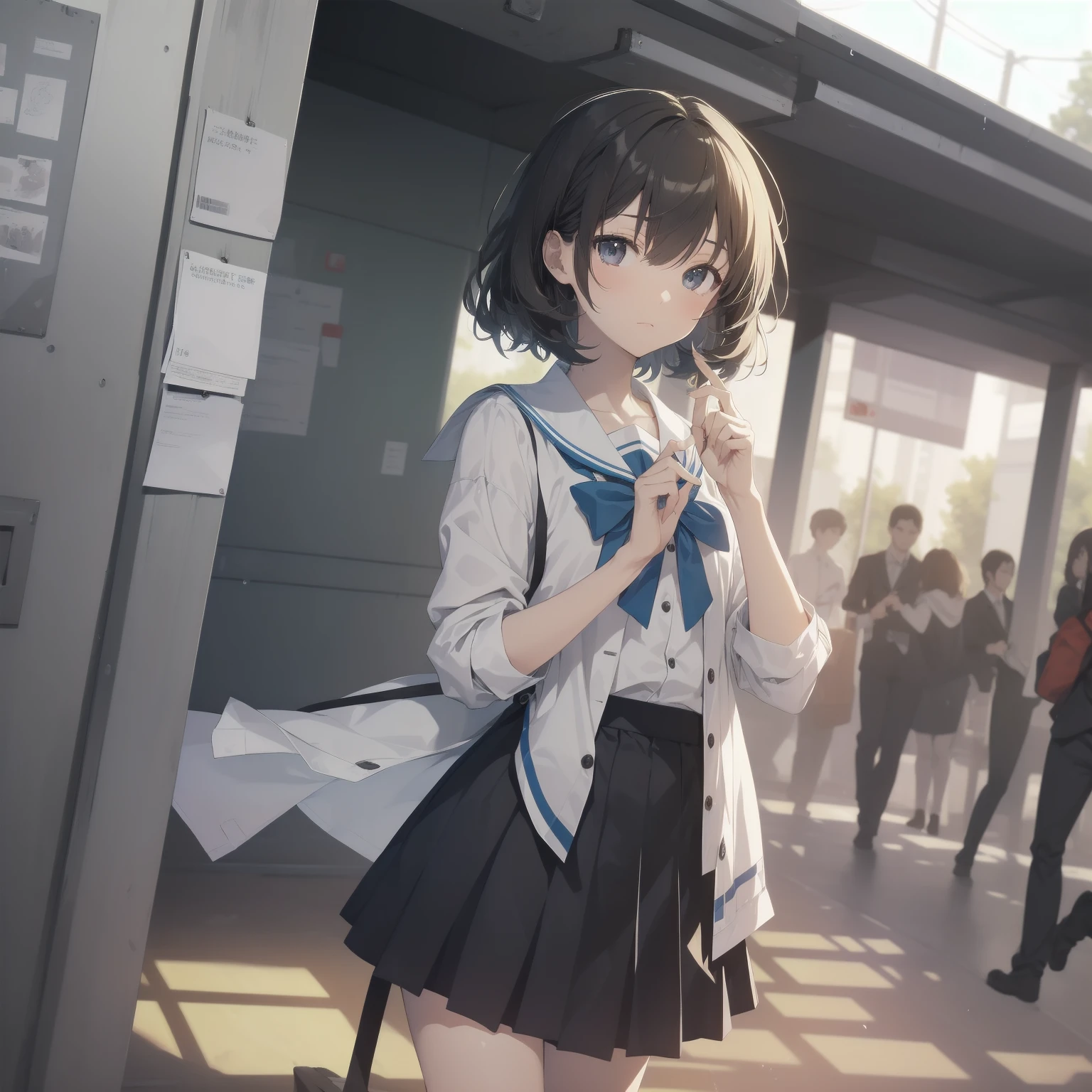 1girl, brown messy hair with white hairclip, school uniform, black skirt, medium breast, thick thighs, standing up