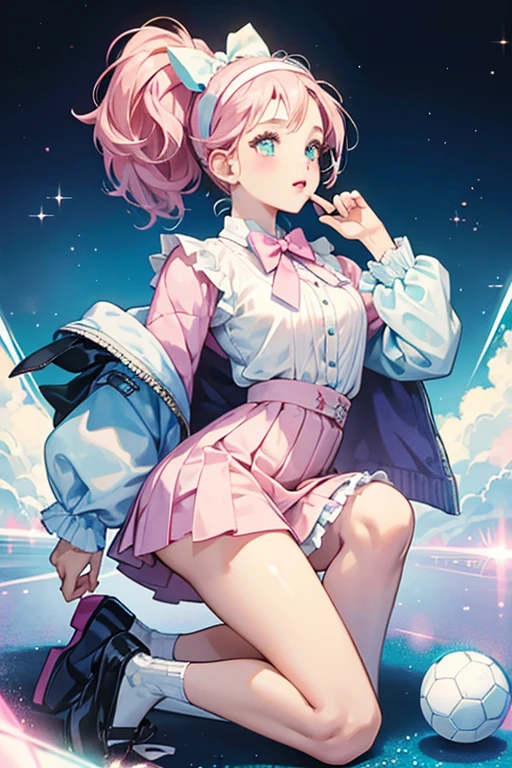 Fancy has fair skin and pale pink lipstick and cheeks. Her eyes are blue and she has brunette hair pulled up in a short ponytail. She wears a glittery white bow on a headband, paired with a glittery pale pink top and ruffled skirt. Her white and glittery turquoise sports jacket has black accents and a soccer ball on the chest. She wears turquoise glittery shoes with ruffled white socks and bows. SPARKLE; GLITTER