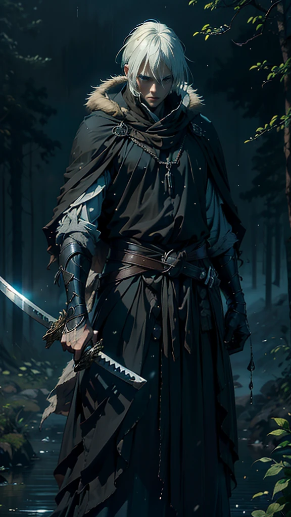 (Best Quality,ultra detailed), artificial raindrops falling, a man standing in the rain, white hair, blue eyes, detailed face(fail),dense ruinscape landscape,majestic and serene nature, shining brightly in the night sky,black medieval outfit, gentle style, katana sword