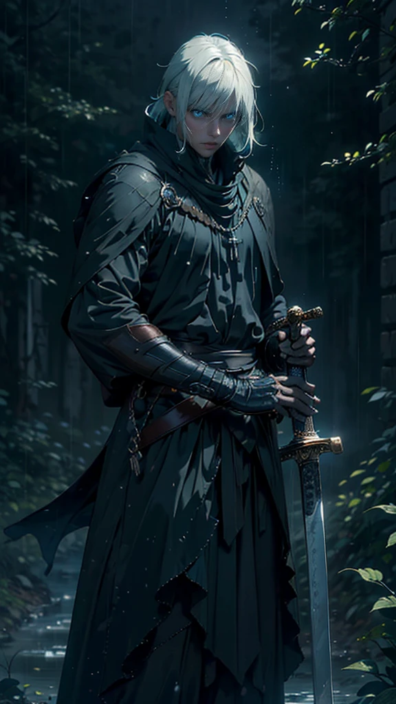 (Best Quality,ultra detailed), artificial raindrops falling, a man standing in the rain, white hair, blue eyes, detailed face(fail),dense ruinscape landscape,majestic and serene nature, shining brightly in the night sky,black medieval outfit, gentle style, katana sword