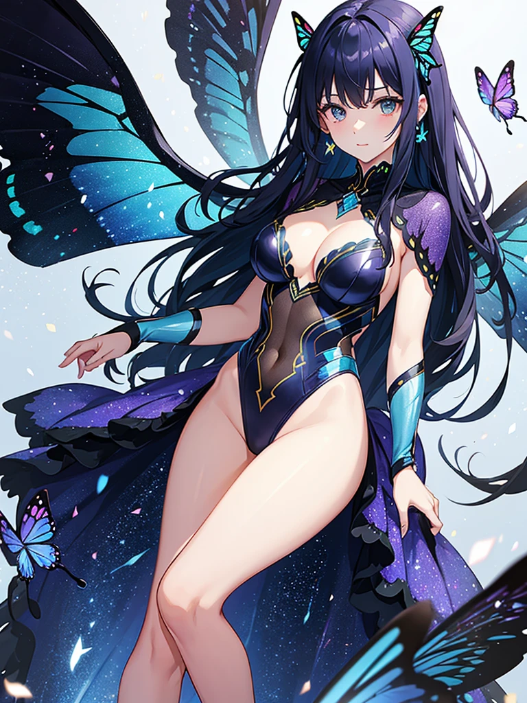 Woman with dark blue hair, butterfly wings, galaxy rainbow, leotard