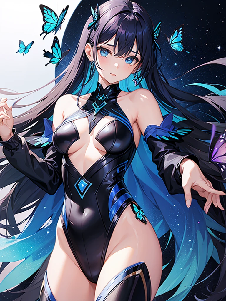 Woman with dark blue hair, butterfly wings, galaxy rainbow, leotard