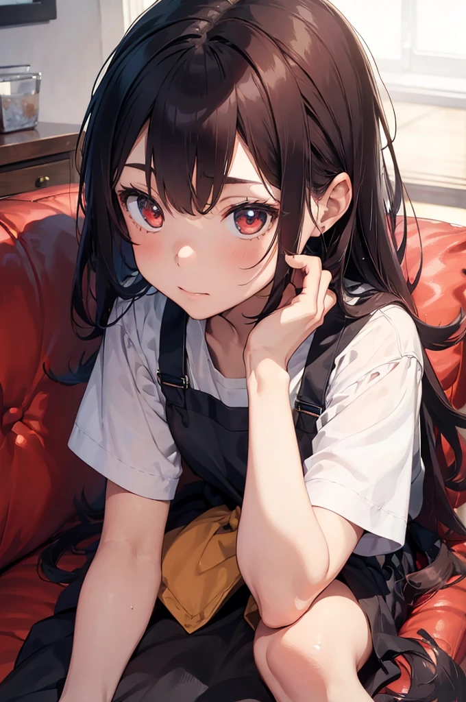 1 girl, 1 boy, boy's head on girl's lap, ((realistic proportions)) , red hair, girl main focus, couch, stroking hair, stroking head, lying down, taking care of, motherly, mature, long hair, wavy hair, apron bigger eyes, (detail eyes), looking camera