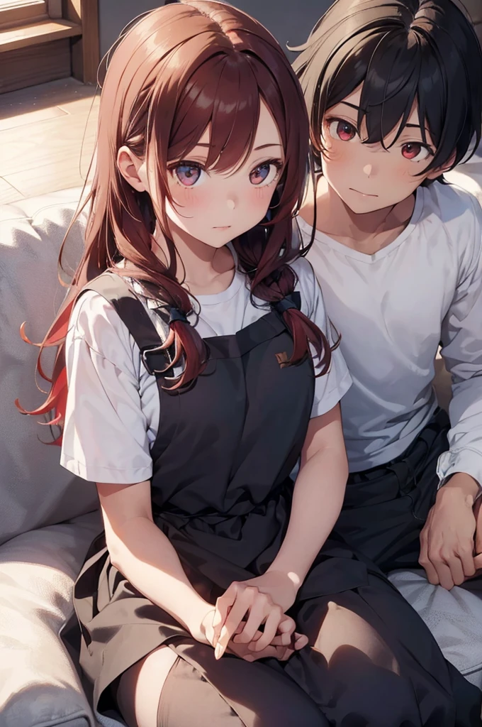 1 girl, 1 boy, boy's head on girl's lap, ((realistic proportions)) , red hair, girl main focus, couch, stroking hair, stroking head, lying down, taking care of, motherly, mature, long hair, wavy hair, apron bigger eyes, (detail eyes), looking camera